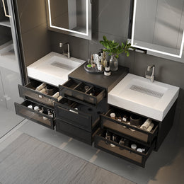 Floating Double Bathroom Vanity and Center Tower Black with Faux Marble Top White & Black