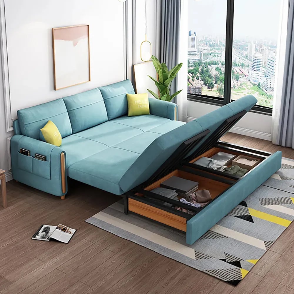 Arm Full Sleeper Sofa Bed with Storage & Side Pockets Blue