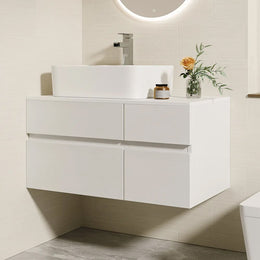 Wall-mounted Floating Bathroom Vanity with Faux Marble Top Ceramic Vessel Sink White