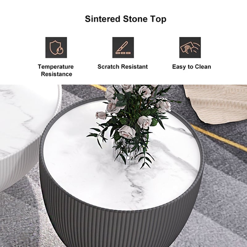 Modern Drum Coffee Table Sintered Stone Round PU-Leather Accent Table in Gold Gray