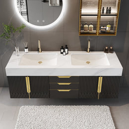 Aro Double Sink Wall Mounted Bathroom Vanity with Drawers Faux Marble Top Black & Gold