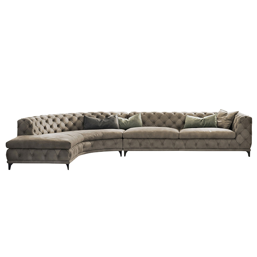 L-Shaped Curved Sectional Sofa Upholstered Velvet Chesterfield Sofa Khaki