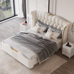 Modern Upholstered Tufted Bed with Wingback Headboard Off-White