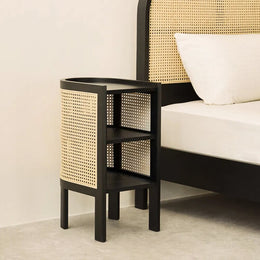 24" Nightstand Semi-Circle Rattan Bedside Table with 1 Shelf Black
