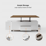 Modern Lift Top Coffee Table Multi Functional Table with Drawers & Shelves & Upholstered Stool White & Walnut