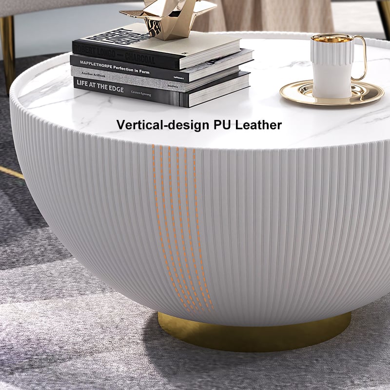 Modern Drum Coffee Table Sintered Stone Round PU-Leather Accent Table in Gold Beige