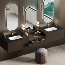 Modern Floating Double Sink Bathroom Vanity Set with Makeup Table Walnut Walnut
