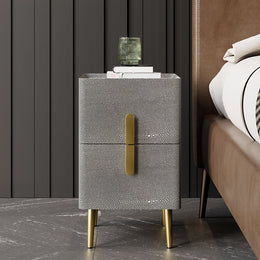 Inarrow Modern Shagreen Nightstand Bedside Table with 2 Drawers in Gold Legs Gray