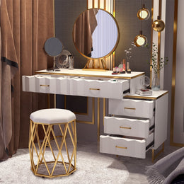 Modern White Extendable Makeup Vanity 5 Drawers Dressing Table Set with Stool and Mirror White