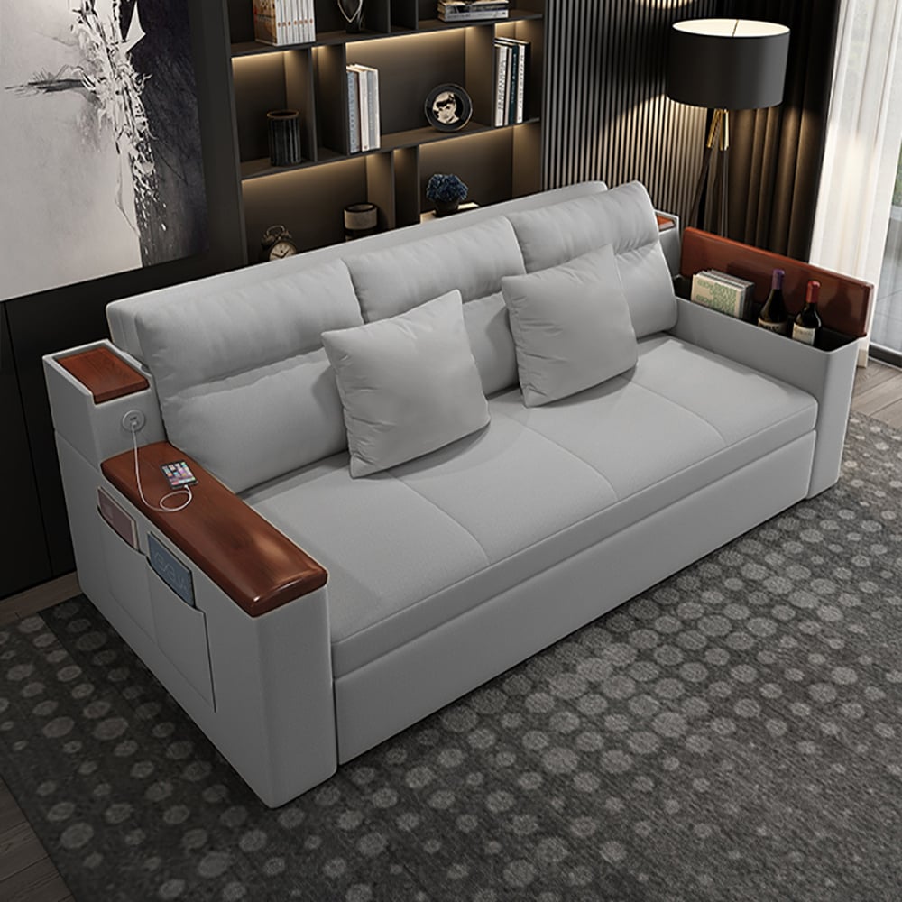 2100mm Beige Full Sleeper Sofa Linen Convertible Sofa Bed with