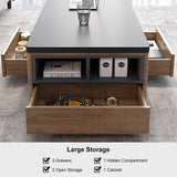 Modern Lift Top Coffee Table Multi Functional Table with Drawers & Shelves & Upholstered Stool Black & Walnut