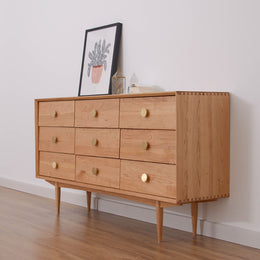 Rustic Bedroom Dresser with 9 Drawers Wooden Chest of Drawers with Gold Knobs Cherry