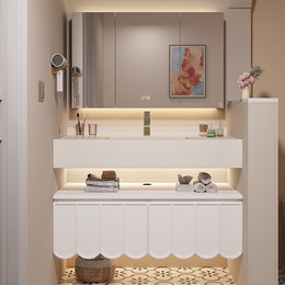 Modern Floating Bathroom Vanity Set With Single Sink Wall-Mounted Wavy Door in White White