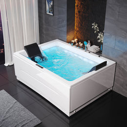 Modern Acrylic Corner Bathtub Whirlpool Air Massage 3 Sided Apron Tub in White Chromatherapy LED US Plug