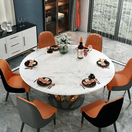 Contemporary Round Dining Table Set of 7 with Upholstered Chairs With Chairs
