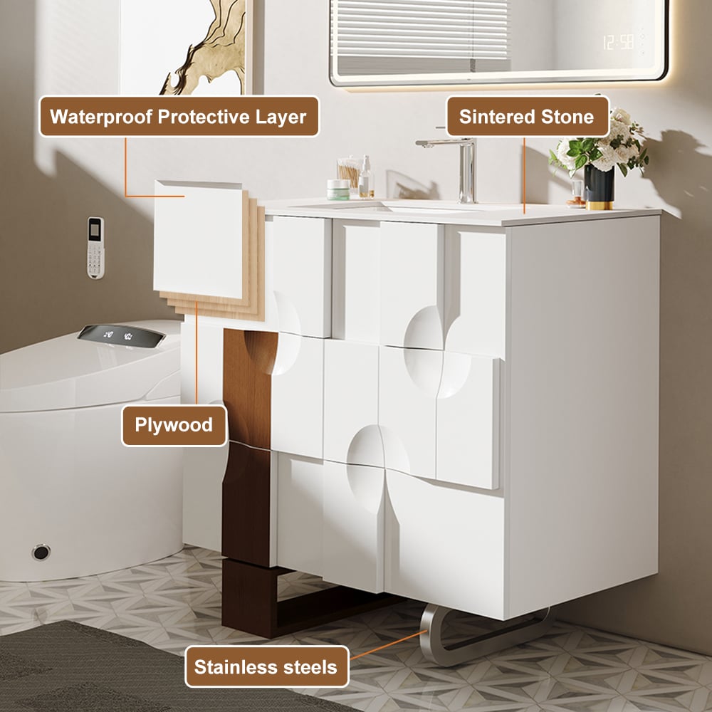 Freestanding Bathroom Vanity with Ceramics Undermount Sink in White & Walnut White