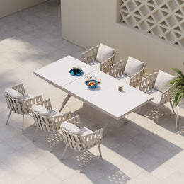 7 Pieces Aluminum Outdoor Dining Set with Extendable Marble Top Table and Woven Armchair White