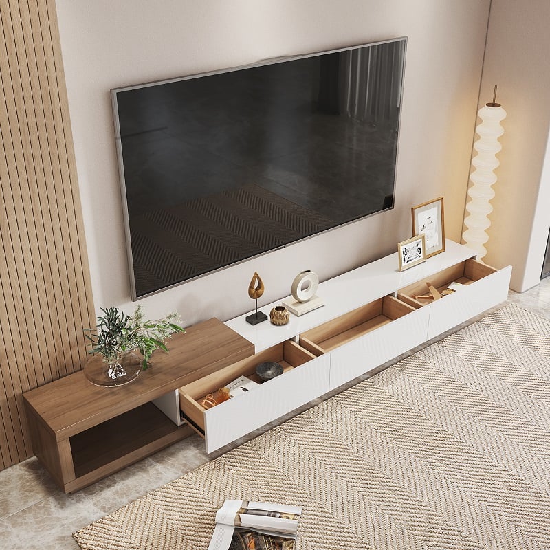 Quoint Modern TV Stand Retracted & Extendable 3-Drawer Media Console White & Walnut