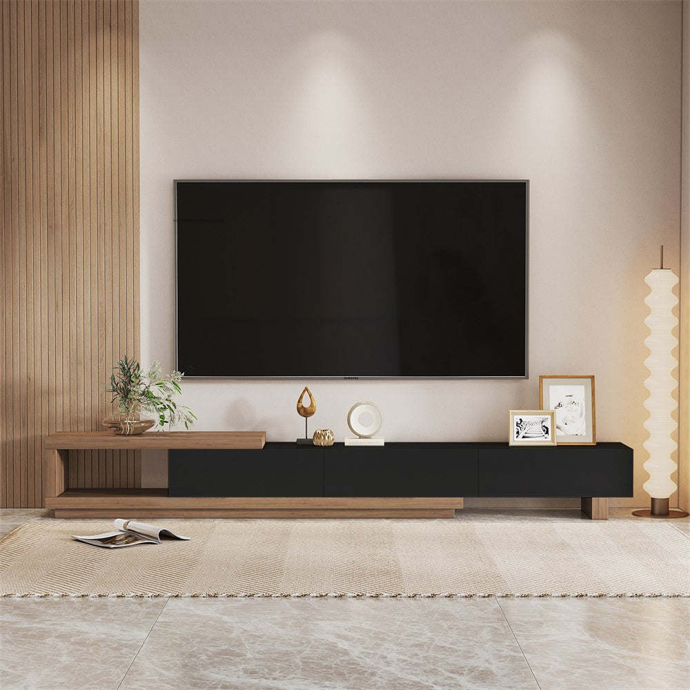 Quoint Modern TV Stand Retracted & Extendable 3-Drawer Media Console Black & Walnut