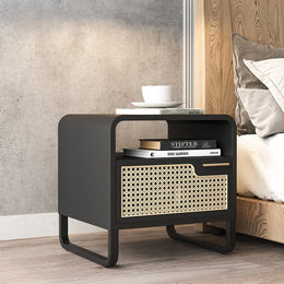 Minimalist Black Nightstand Rattan Woven Bedside Table with 1 Drawer Black