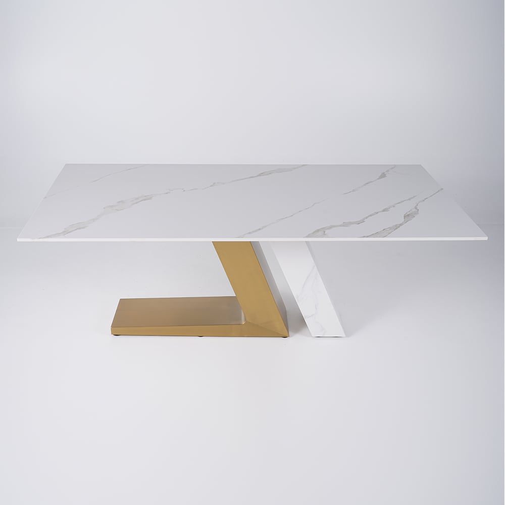 Luxury White Dining Table with Sintered Stone Steel Base Golden 63"W x 35.4"D x 29.5"H