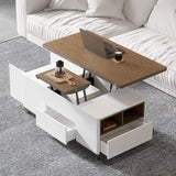 Modern Lift Top Coffee Table Multi Functional Table with Drawers & Shelves & Upholstered Stool White & Walnut