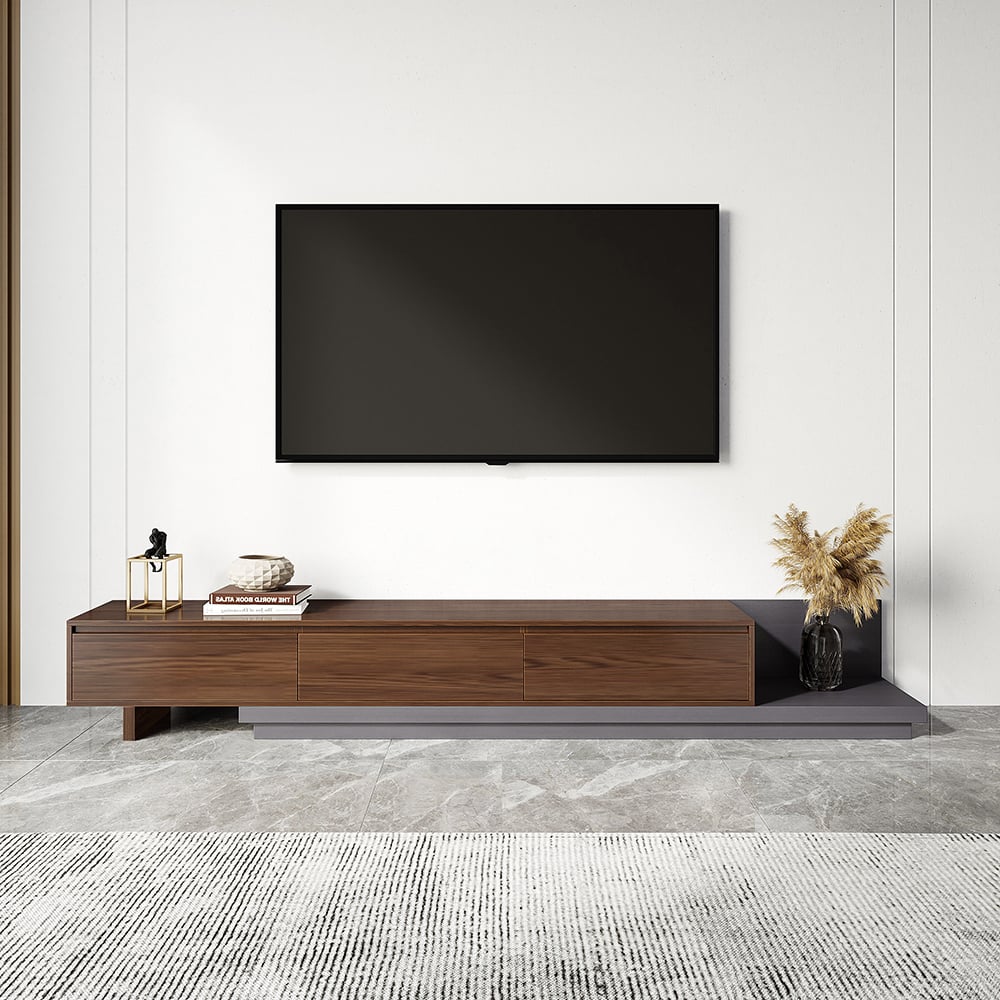 Fero Modern Black Extendable Stone & Wood TV Stand with 3 Drawers Up to 120" Walnut & Gray