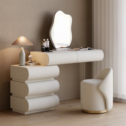 Humply Modern White Makeup Vanity Set PU Leather Dressing Table with Stool & LED Mirror Off-White