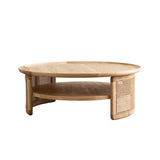Japandi 2-Tiered Round Wood Coffee Table with Rattan Base Natural