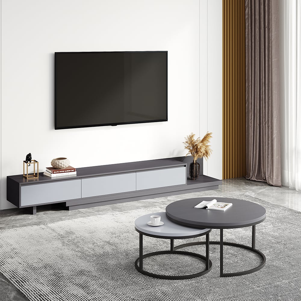 Fero Modern Black Extendable Stone & Wood TV Stand with 3 Drawers Up to 120" Dark Gray & Light Gray