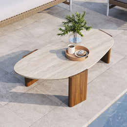 Modern Geometric Beige Outdoor Patio Travertine Coffee Table with Wood Stand in Walnut Walnut