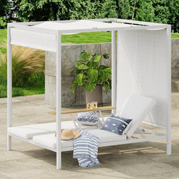 2-Person White Aluminum Outdoor Patio Daybed with Canopy & Walnut Lift Top Coffee Table White