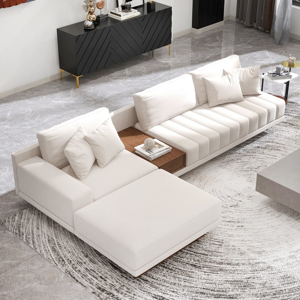 L-Shaped Modular Sectional Sofa Channel Tufted Chaise with Ottoman & Storage Off-White