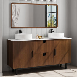 Teak Wood Freestanding Double Bathroom Vanity with Top Vessel Sink Walnut