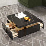 Trimied 27.6" Modern Square Storage Coffee Table Stone Top & 4 Wood Drawers Black