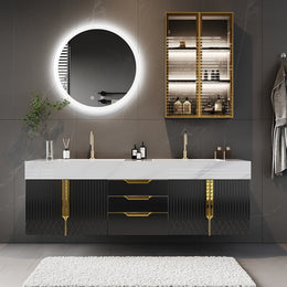 Aro Double Sink Wall Mounted Bathroom Vanity with Drawers Faux Marble Top Black & Gold