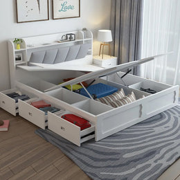 Modern White Storage Queen Bed Low Profile Queen Bed with 3 Drawers White