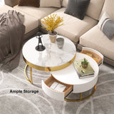 Nesnesis Modern Round Sintered Stone Nesting Wood Coffee Table with Drawers White