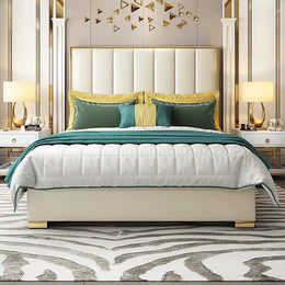 Platform Bed White Upholstered Faux Leather Bed with Gold Legs White
