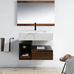 Wall-Mounted Bathroom Vanity Faux Marble Top with 2 Shelves & 1 Drawer White&Brown