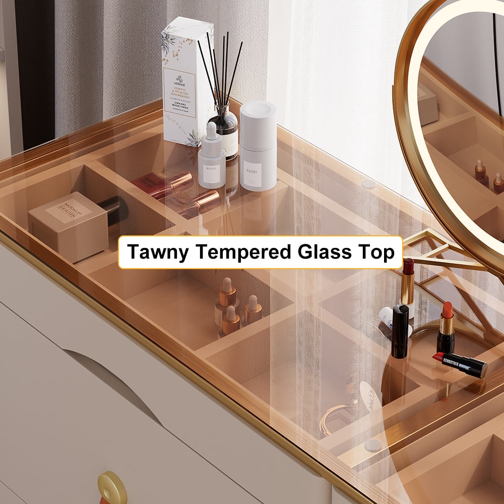 Modern Glass Champagne Dresser 6 Drawer Closet Island with Jewelry Display Storage Champagne