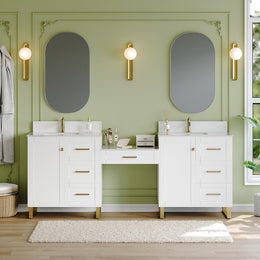 White Freestanding Double Sink Bathroom Vanity Set with Makeup Table Marble Top White