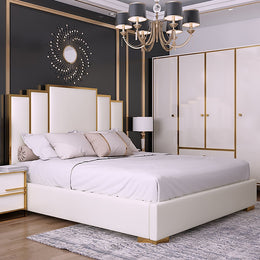 Modern Faux Leather Upholstered Bed in White Geometric Headboard Included White
