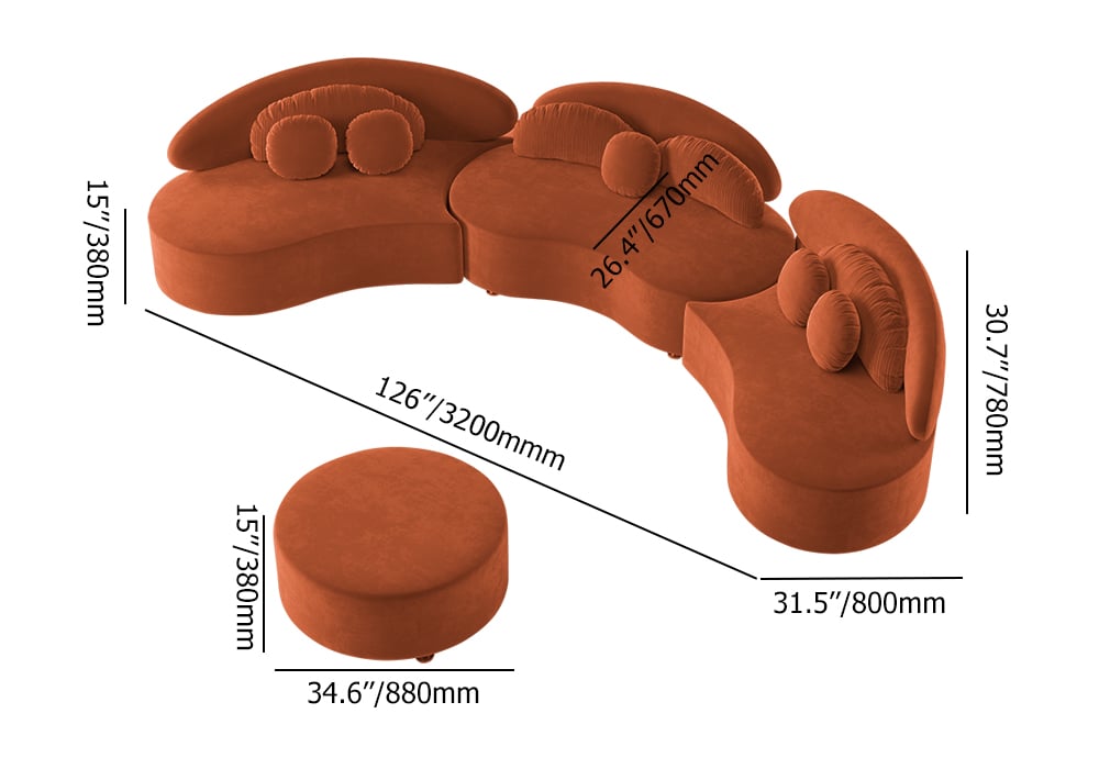 Modern Curved Sectional Modular Sofa Velvet Upholstery for Living Room Orange