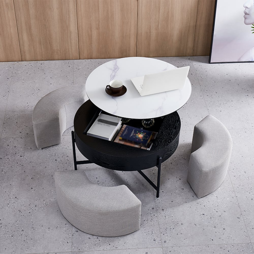Round Lift-Top Coffee Table with Storage and 3 stool White & Black