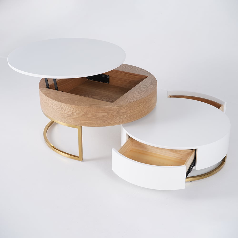 Nesnesis Modern Round Sintered Stone Nesting Wood Coffee Table with Drawers White & Natural