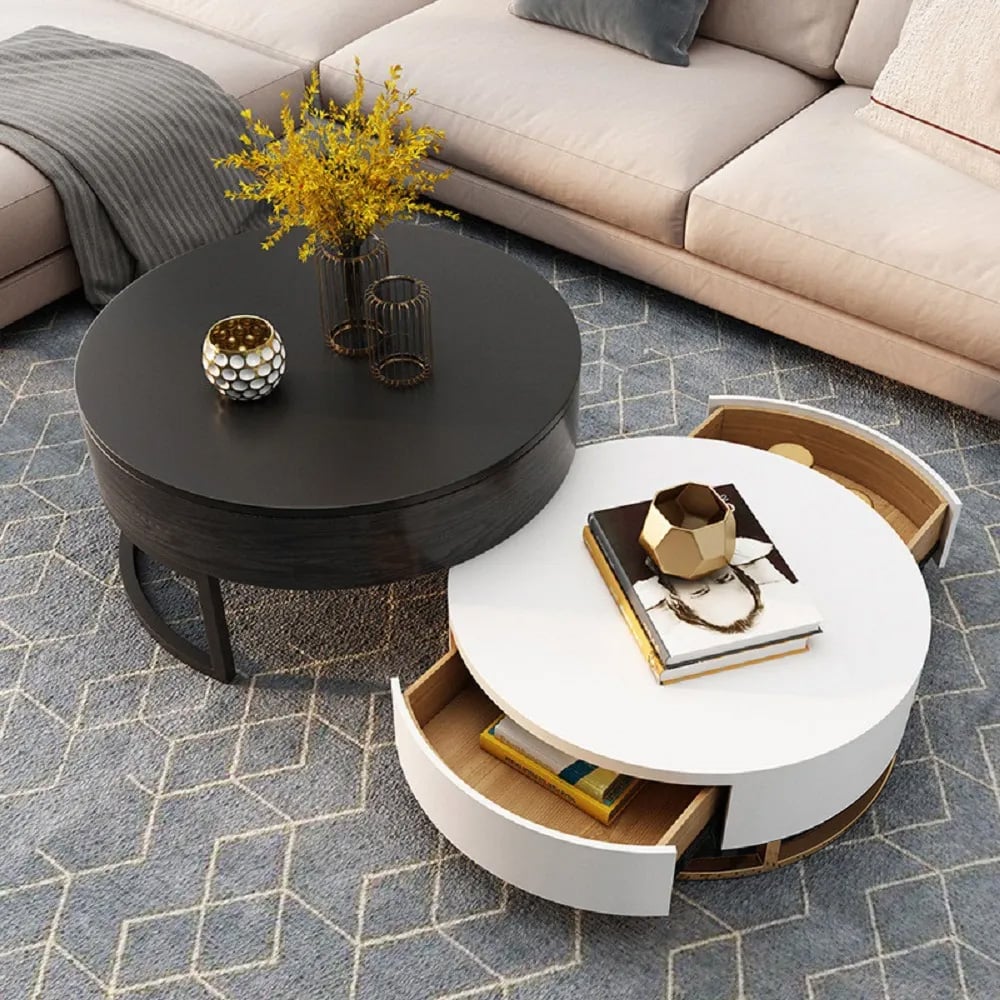 Nesnesis Modern Round Sintered Stone Nesting Wood Coffee Table with Drawers White & Black