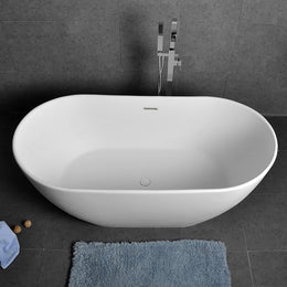 Oval Shape 64 Inch Freestanding Matte White Stone Resin Soaking Bathtub with Overflow Matte White