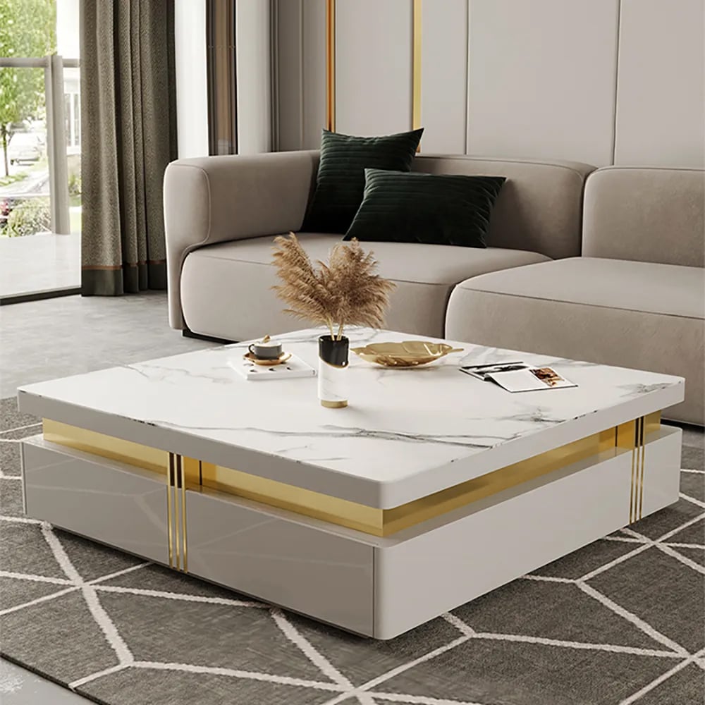 Trimied 27.6" Modern Square Storage Coffee Table Stone Top & 4 Wood Drawers White