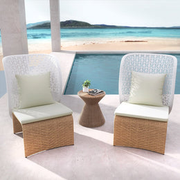 Hofer Rattan Outdoor Wingback Chair with White Cushion Pillow with Arched Bottom White